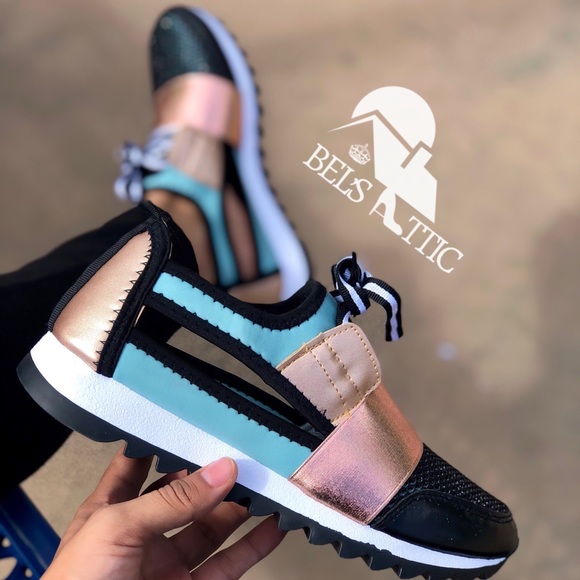 Teal and Champagne Sexy Side Cutout Sneaker Kicks - Picture 2 of 8